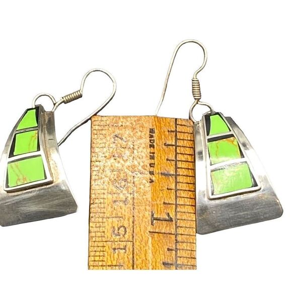 Sterling silver 925 line turquoise fishhook dangle drop earrings marked TN-47 - Picture 4 of 4